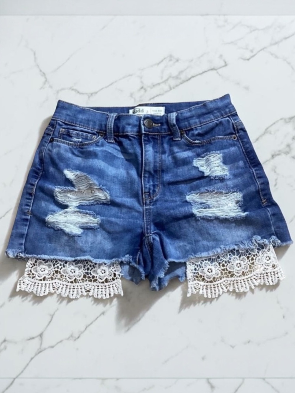 Vintage Mudd Blue Jean Shorts with White Lace Trim